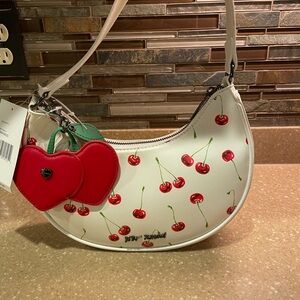 Betsey Johnson White Cherry Crescent Print Shoulder Bag